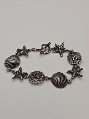 Vintage Sterling Silver Seashell Sand Dollar Starfish Bracelet 8"